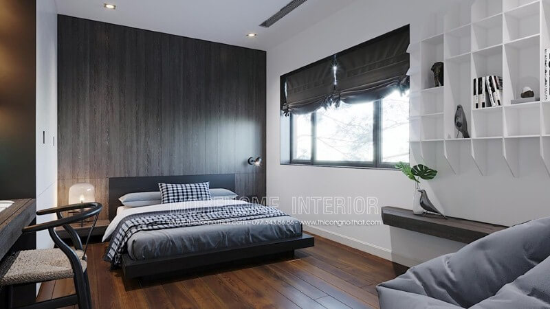 Điểm nhấn tường phòng ngủ độc đáo, sang trọng với gỗ ốp tường cao cấp. Mẫu thiết kế và thi công nội thất biệt thự