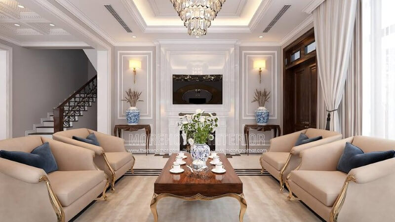 Bộ bàn ghế sofa mạ vàng tân cổ điển đẹp, sang trọng cho biệt thự, nhà phố. Thiết kế nội thất phòng khách biệt thự