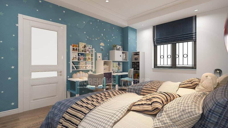 Thiết kế phòng ngủ của con với góc học tập được trang trí bắt mắt sẽ là gợi ý khá thú vị, bạn có thể tham khảo ý tưởng bố trí phòng ngủ của 2 cậu con trai với bàn học được bố trí tách rời và cách bố trí kệ trang trí, giá để đồ như trong đây. Tùy từng diện tích nhà bạn có thể bố trí phù hợp với căn hộ, nhà phố hay nhà biệt thự của mình. Mẫu thiết kế và thi công nội thất biệt thự