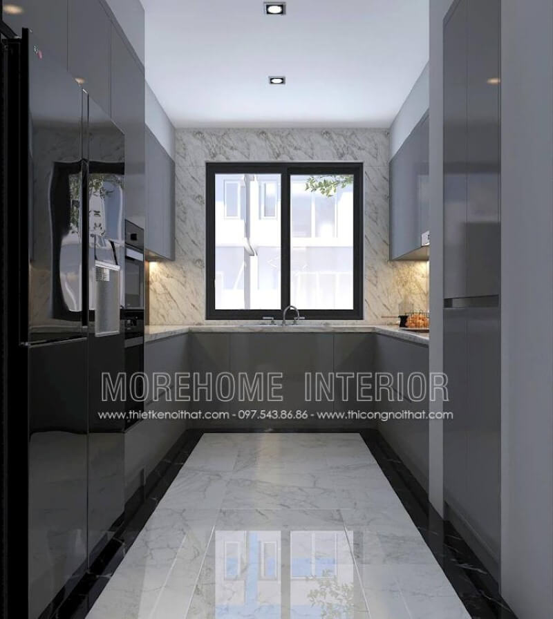 Xu hướng thiết kế nội thất phòng bếp sử dụng gỗ công nghiệp acrylic màu xám cùng mảng tường lớn được trang trí bởi đá nhân tạo có vân là điểm nhấn đáng chú ý để bạn có thể rút ngắn thời gian vệ sinh phòng bếp mà vẫn giữ nguyên vẹn vẻ đẹp như ban đầu. Mẫu thiết kế và thi công nội thất biệt thự