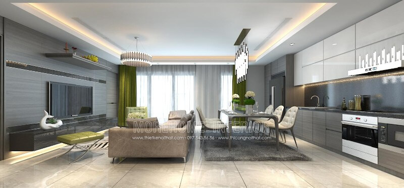 Thiết kế tủ bếp chung cư nhỏ liền kề với không gian sinh hoạt chung khác tạo sự thuận tiện cho gia chủ Tủ bếp đẹp
