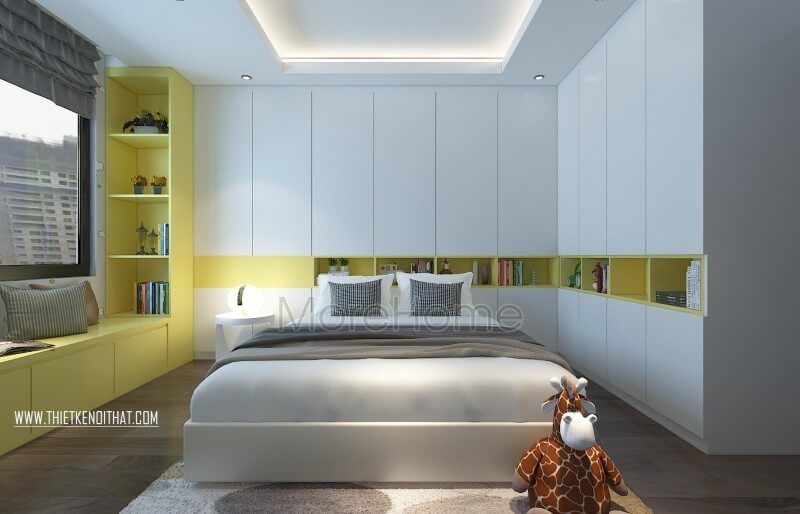 Hệ thống tủ gỗ Acrylic thiết kế âm tường, tạo khu vực lưu chưa đồ lớn, phù hợp diện tích phòng ngủ nhỏ