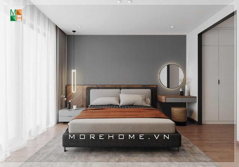 Mẫu giấy dán tường màu kẻ xám đầu giường mang đến cho không gian phòng ngủ của gia chủ sự sang trọng, cao cấp và hiện đại