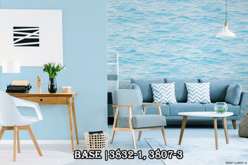 Một phong cách mới mẻ, tươi mát, hiện đại với sự kết hợp của 2 mẫu giấy dán tường 3831-1 và 3807-3.