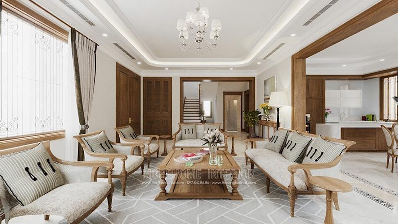 Mẫu sofa gỗ bọc vải hoa sang trọng cao cấp cho không gian phòng khách nhà biệt thự
