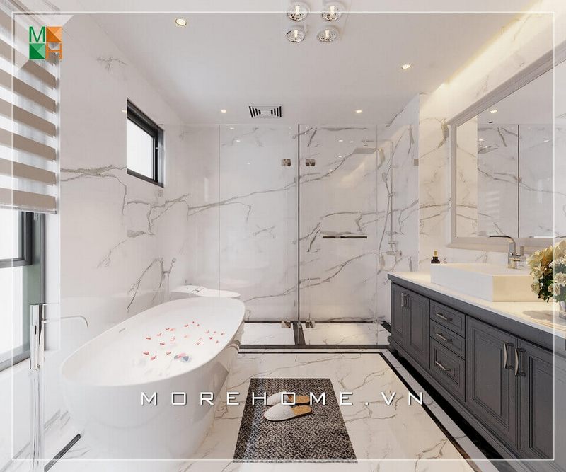 Mẫu thiết kế nội thất phòng tắm cao cấp với tone màu trắng chủ đạo góp phần tăng thêm sự sang trọng cho các căn phòng tắm của các căn hộ cao cấp, nhà phố, biệt thự.